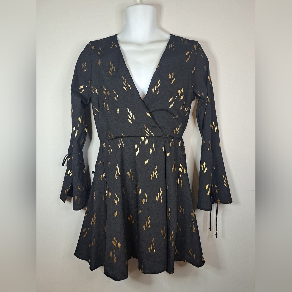 Lulu's Black Long Sleeve Wrap Dress with Gold Foil Detail